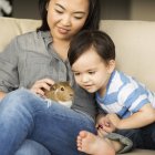 Woman sitting with guinea pig — Stock Photo