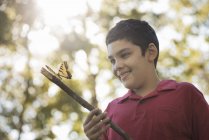 Хлопчик тримає палицю з барвистим метеликом — стокове фото