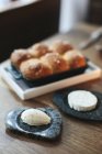 Tray of freshly baked bread rolls — Stock Photo