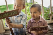 Boys making signs for vegetable seeds — Stock Photo