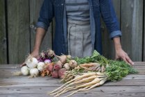 Человек сортирует свежие овощи — стоковое фото