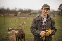 Agricultor masculino que cuida de cabras — Fotografia de Stock