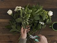 Woman holding secateurs and cutting flower stems — Stock Photo