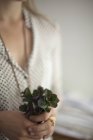 Mujer con hojas de plantas verdes - foto de stock