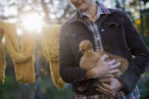 Woman holding a brown fluffy chicken. — Stock Photo
