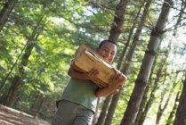 Boy carrying firewood through the woods. — Stock Photo