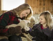 Woman and a child stroking a small lamb. — Stock Photo