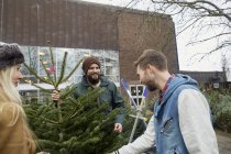 Mitarbeiter und Kunde schauen sich den Weihnachtsbaum an. — Stockfoto