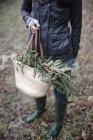 Mujer llevando cesta de follaje - foto de stock