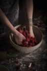 Mulher preparando framboesas frescas na tigela — Fotografia de Stock