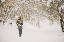 Woman walking in the snow in woodland. — Stock Photo