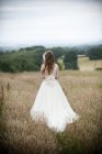 Наречена у весільній сукні в полі — стокове фото