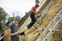 Thatchers thatching a roof — Stock Photo
