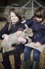 Bambine con agnello appena nato — Foto stock
