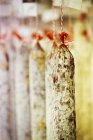 Port and Garlic Salamis hanging from hooks — Stock Photo