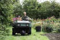 Чоловік керує невеликим садовим автомобілем — стокове фото