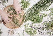 Femme préparant des herbes et des plantes — Photo de stock