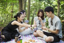 Women and a man playing cards in a forest — Stock Photo