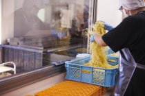 Lavoratore in un'unità di produzione di spaghetti di soba . — Foto stock