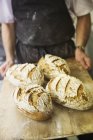 Пекарня тримає лоток з хлібом . — стокове фото