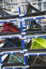 Bicycle frames in a bicycle factory. — Stock Photo