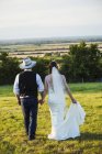 Bride and groom walking hand in hand — Stock Photo