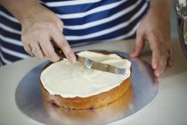 Persona spargendo crema sulla torta — Foto stock