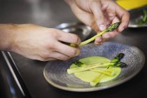 Persona colocando espárragos verdes en un plato . - foto de stock