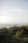 Rocky landscape of coastal area with forest and lake in distance — Stock Photo