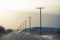 Power lines reaching into distance with mountain backdrop. — Stock Photo
