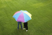 Дві людини під барвистою смугастою парасолькою на зеленому газоні . — стокове фото