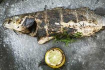Vista ad alto angolo di pesce alla griglia con limone ed erbe aromatiche in tavola . — Foto stock