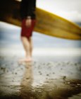Cropped view of blurred silhouette of man with surf board in sea. — Stock Photo