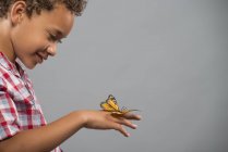 Vista lateral del niño con mariposa fija a mano sobre fondo gris . - foto de stock