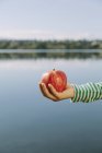 Cropped view of hand of girl holding apple in front of lake — Stock Photo