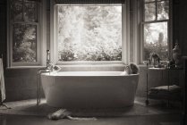 Frau entspannt sich in freistehender Badewanne im Badezimmerinnenraum mit Fenster. — Stockfoto