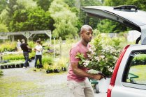 Uomo carico fiori nel bagagliaio della macchina parcheggiata presso il centro del giardino . — Foto stock
