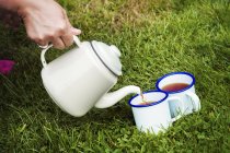 Female hand pouring tea from pot into mugs on green lawn. — Stock Photo