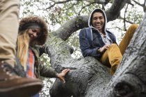 Sonriente joven y hombre sentado en el árbol . - foto de stock