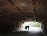 Пара, тримаючись за руки під час прогулянки через тунель в центральному парку, Манхеттен, Нью-Йорк, США. — стокове фото