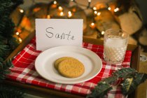 Weihnachtsteller mit Keksen und Milchglas auf Tablett für den Weihnachtsmann. — Stockfoto