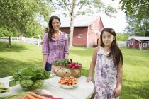 Mujer joven y niña de pie junto a la mesa con verduras y frutas frescas . - foto de stock