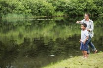 Dos hermanos tirando piedras en el agua en la orilla del lago en los bosques . - foto de stock