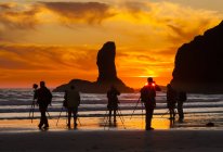 Silhouettes of photographers with equipment on beach at sunset in Olympic National Park, Washington, USA — Stock Photo
