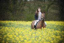 Mulher montando cavalo marrom através de culturas de mostarda amarelo florido no campo rural . — Fotografia de Stock
