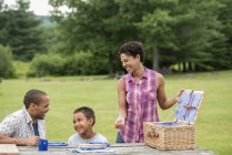 Family sitting with plates on picnic table in woodland. — Stock Photo