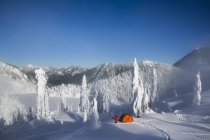 Mann neben orangefarbenem Zelt in schneebedeckter Berglandschaft in den USA. — Stockfoto