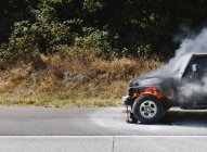 Auto in fiamme sulla strada di campagna di fronte a cespugli e alberi . — Foto stock
