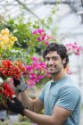 Jovem que cuida de plantas com flores em estufa orgânica . — Fotografia de Stock