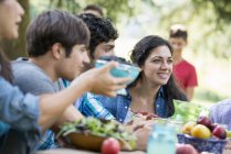 Friends sitting at outdoor table in garden with fruits and vegetables. — Stock Photo